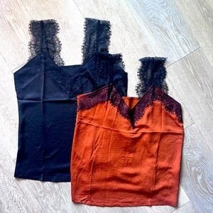 Set of 2 | Women's V Neck Lace Cami Tank Tops Loose Sleeveless Blouse | Size M